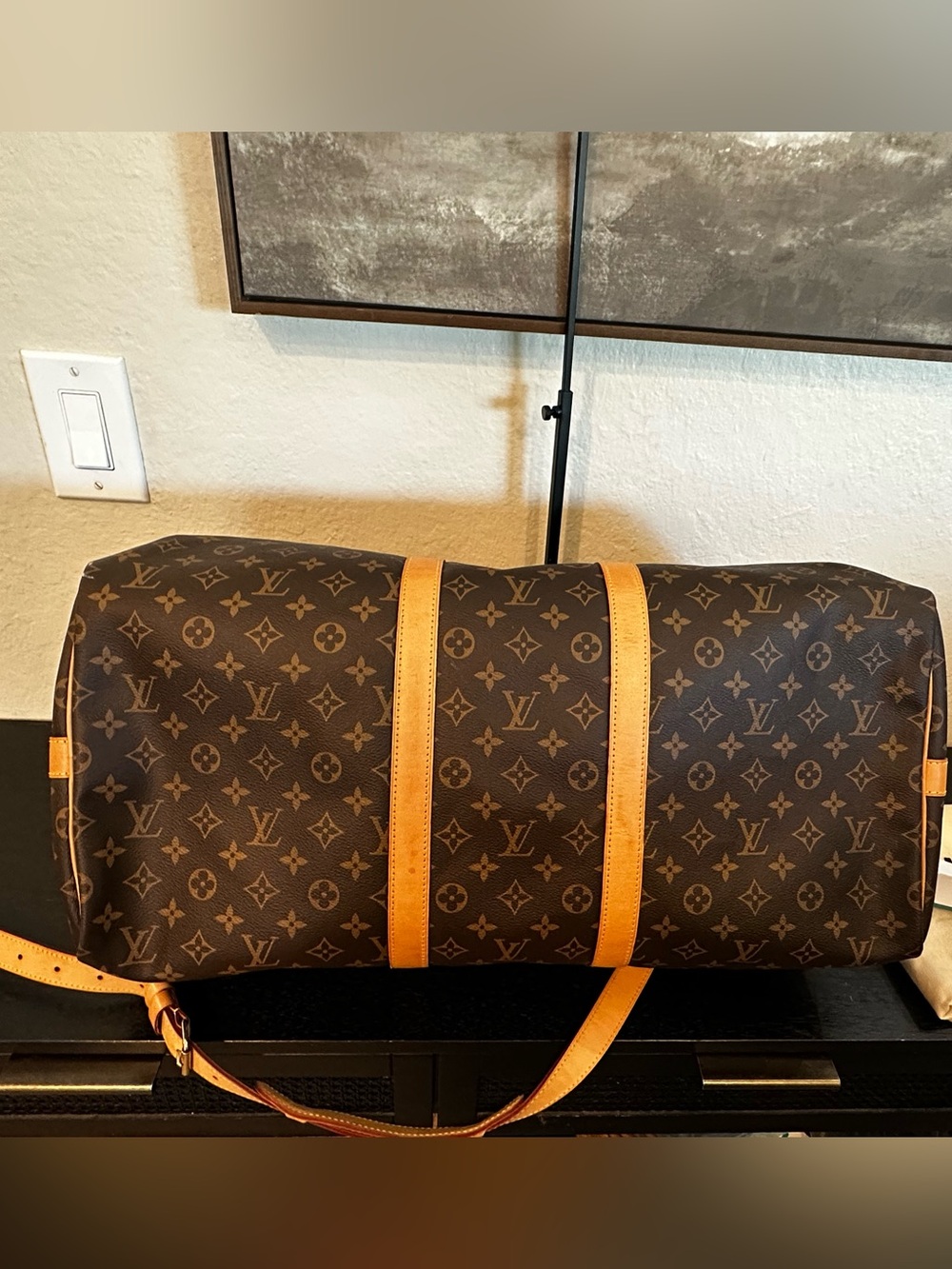 Authentic Louis Vuitton Brown Monogram Duffel with Tan Leather Trims size 55 - Picture 2 of 16